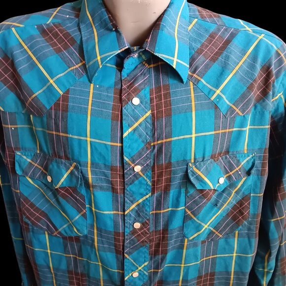 Vintage Mens Western Shirt XL Trashed Wrangler Plaid Snap 17.5x36 Long Tail 90s - Picture 2 of 8
